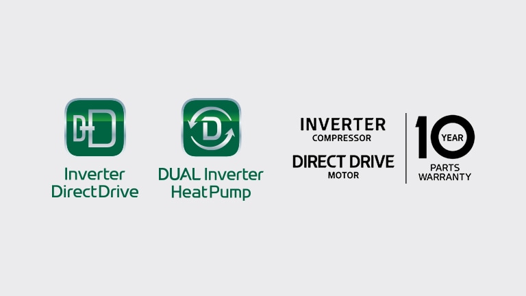 Логотип Inverter Direct Drive (Инверторный двигатель с прямым приводом) и логотип 10-year warranty (10-летняя гарантия).
