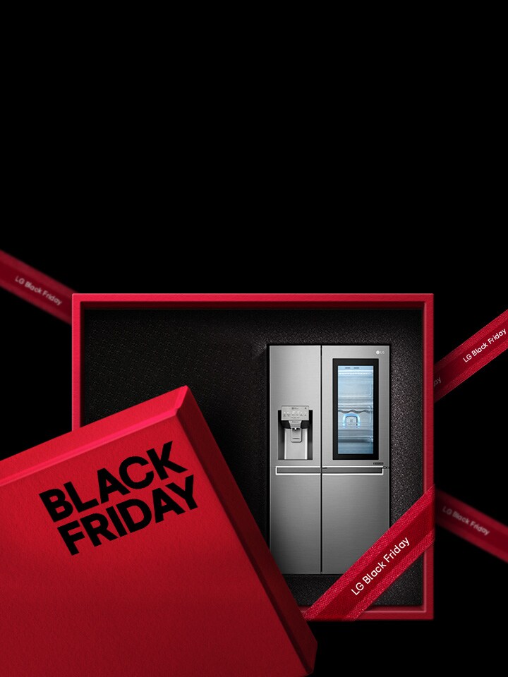 Fridge inside Red present box on black background with Black Friday text on it