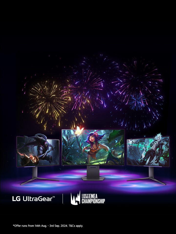 Gaming Weeks, fireworks explode behind UltraGear monitors, in a purple lit room