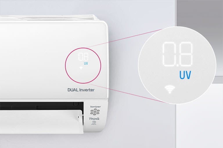 Half of the LG air conditioner can be seen installed on the wall with the front door open indicating it's on. A circle is around the air quality lights of the machine and a magnified circle is extened out to show the green lights of the air quality panel and the numbers to show the precise air quality. The DUAL Inverter logo can be seen on the machine.