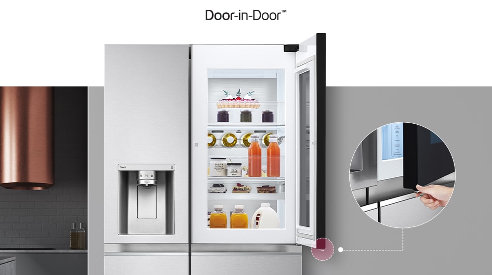 The front view of a black InstaView refrigerator. The door-in-door of the refrigerator is open. There's a small screen that explains where a concealed opening button is to open the door.