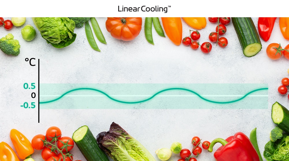 There is a cute blackboard with vegetables. There's a graph in the middle of this board. This graph explains that LG Linear Cooling can reduce the temperature difference in refrigerators.