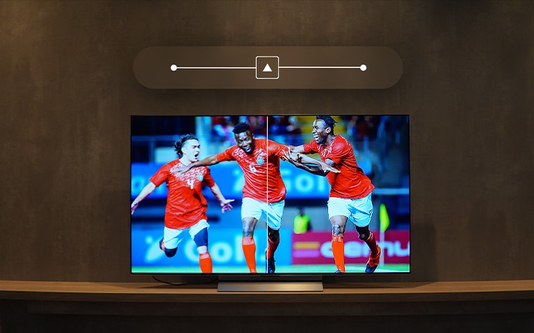 Adjusting TV settings on a television screen for TV calibration (brightness, colour and contrast, sharpness, tint and hue)