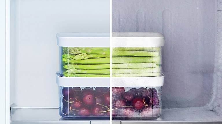 Frost Free FreezerThere is a side dish container in the refrigerator, the left side is the inside without frost, and the right side is the inside with frost