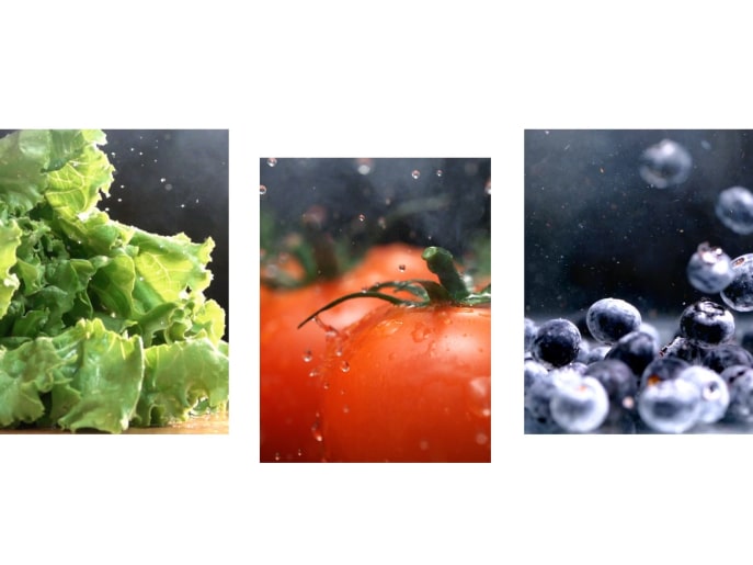 Vegetable, fruit, and air bubbles are visible in the space divided into three squares
