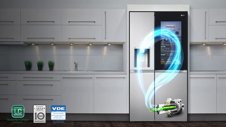 The motor in the refrigerator in the kitchen operates as a whole in the shape of the refrigerator