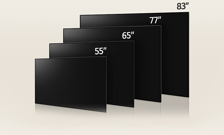An image comparing LG OLED G3's varying sizes, showing 55", 65", 77", and 83".